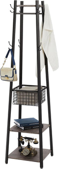 VECELO Coat Rack Freestanding,Hall Tree with Metal Basket and Storage Shelves,Industrial Coat Stand with 8 Hooks for Hanging Coats/Hats/Bags/Umbrellas,18 x 18 x 72 In,Antique Brown
