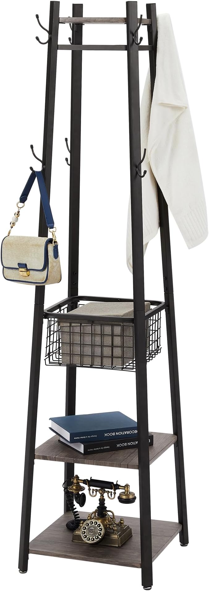 VECELO Coat Rack Freestanding,Hall Tree with Metal Basket and Storage Shelves,Industrial Coat Stand with 8 Hooks for Hanging Coats/Hats/Bags/Umbrellas,18 x 18 x 72 In,Antique Brown