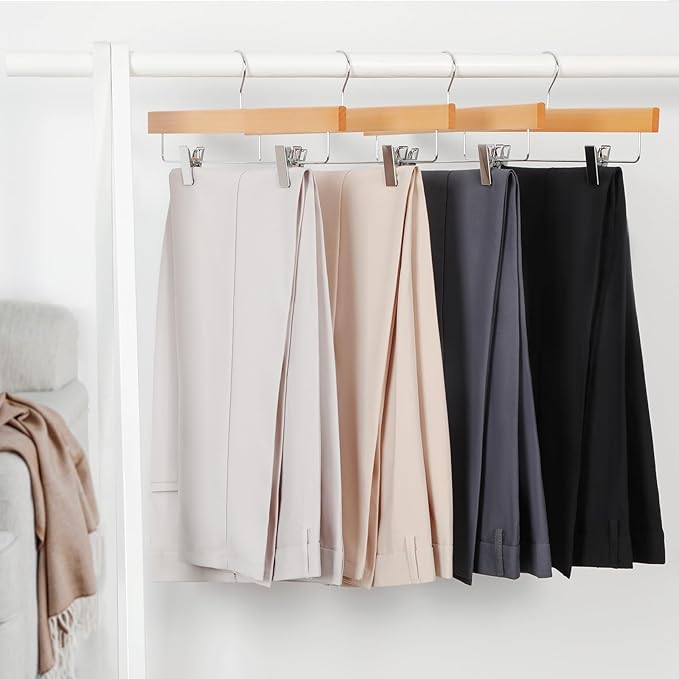TOPIA HANGER Lotus Wood Pants Hangers, Natural Wooden Skirt Short Jeans Trouser Hanger with Smooth Surface 360° Swivel Hook Anti Rust 2 Adjustable Clips, 20 Pack, CT10PY20