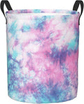 Dujiea Pastel Blue Pink Tie Dye Laundry Basket Round with Handle, Collapsible Foldable Canvas Storage Bin Dirty Clothes Bag for Laundry/Toys Organizer/College Dorm/Nursery/Decor(2 Sizes)