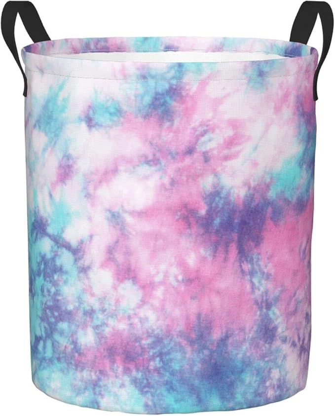 Dujiea Pastel Blue Pink Tie Dye Laundry Basket Round with Handle, Collapsible Foldable Canvas Storage Bin Dirty Clothes Bag for Laundry/Toys Organizer/College Dorm/Nursery/Decor(2 Sizes)