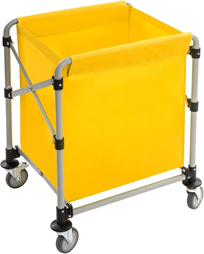 Commercial Laundry Cart, Laundry Basket with 360° Swivel Casters, Folding Laundry Cart Hamper on Wheels Heavy Duty Steel Frame 220 lbs Capacity Large Rolling Laundry Baskets Trucks (Yellow)