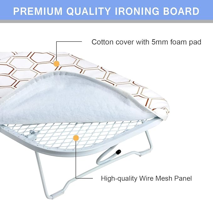 SheeChung Small Tabletop Ironing Board 30" Lx12”W Heavy Duty Ironing Board with Mesh Metal Base 100% Cotton Cover,Hook for Hanging,Portable Folding Mini Iron Board for Sewing Craft Room Dorm,Brown