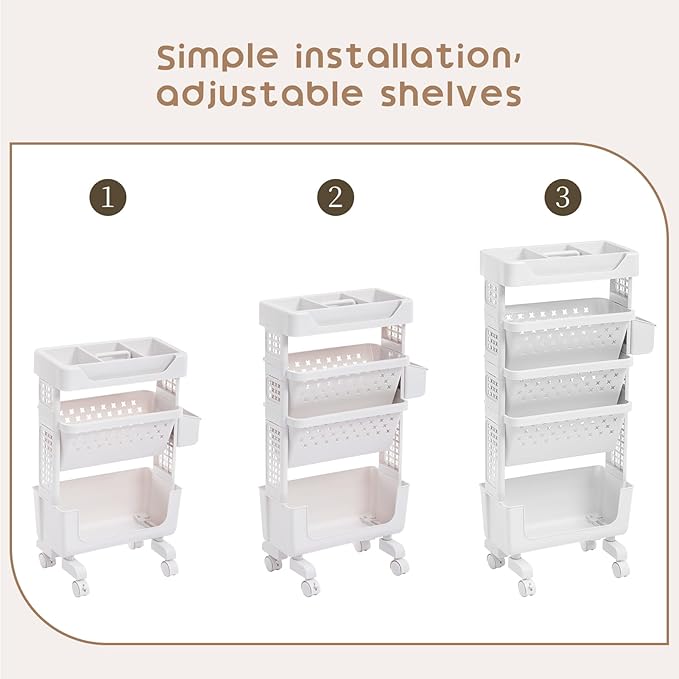 AGTEK 5-Tier Rolling Cart Study, Book Storage Cart, Magazine Rack, Slim Design, Top Shelf, Office Bookcase, Living Room Storage Rack, Large Capacity, Classroom, White