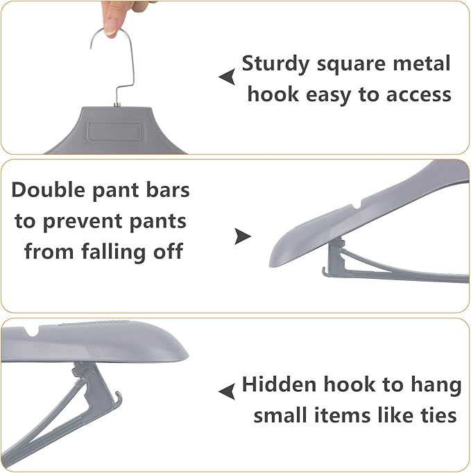 DEDU Suit Hangers for Men 10 Pack, Grey Coat Hangers Extra Wide Non Slip Width 17.7", Thick Plastic with Pants Bar & Metal Hook