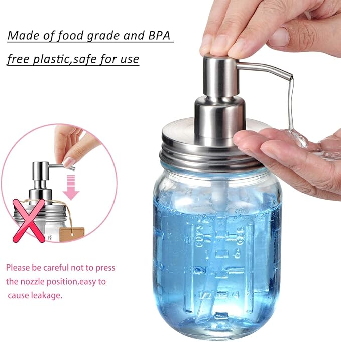 Amolliar Mason Jar Liquid Soap Dispenser Lid, Rustproof Stainless Steel, Cute Farmhouse Decor for Kitchen, Bathroom, Refill Liquid Soap Pump for Hand Soap, Dish Soap, Lotion Soap, Brushed Nickel 2Pack
