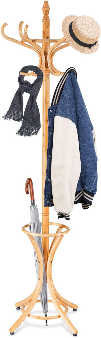 GOFLAME 73" Coat Rack Freestanding, Wooden Coat Tree with 12 Hooks and Umbrella Stand, Entryway Hall Tree, Hat Hanger Organizer, Coat Rack Stand for Coats, Hats, Scarves, Bags, Easy Assembly, Oak