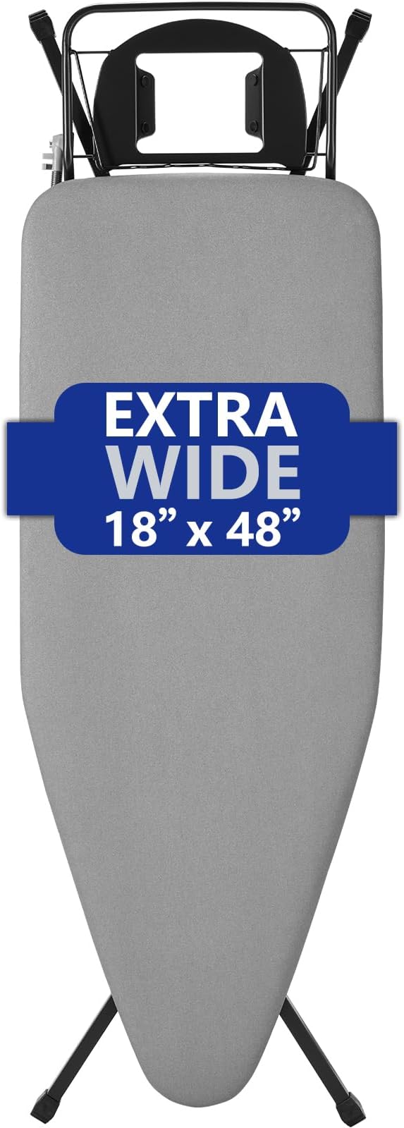 Extra-Wide Ironing Board – 48"×18" Large Surface (57" w/Iron Rest) • Built-in Clothes Rack, Hanger & Cord Holder • Heat-Resistant Cover • Heavy-Duty, No Wobble • Adjustable Height • Black Grey.