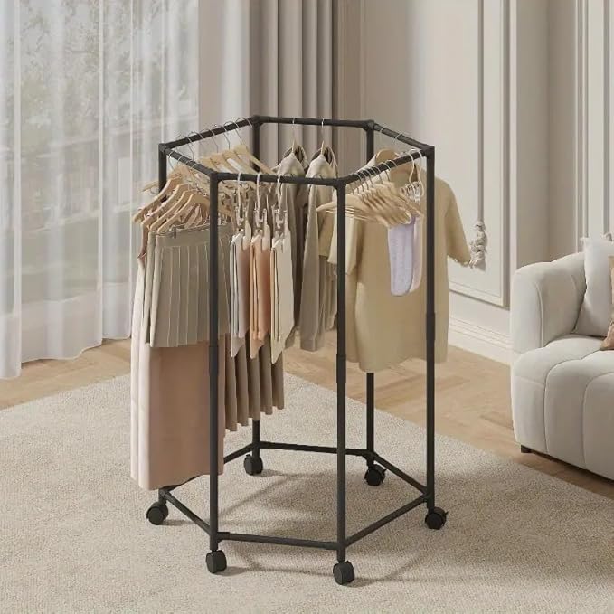 Hexagonal Rotating Clothes Hanger, Household Plastic Clothes Hanger, Movable, Nail Free Installation, Multifunctional,Thickened, Suitable for Any Place (Black)