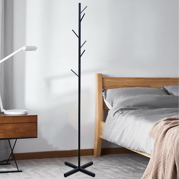 Metal Coat Rack Free Standing 7 Hooks Coats Jacket Stand Hanger Holder Black Coat Tree Corner Rack Stand Entryway Bedroom Office Organizer for Coats Hats, Clothes, Handbags, Umbrella (Black)