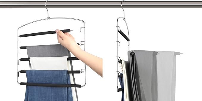 Pants Hangers 5 Layers Metal Slack Magic Hangers Non-Slip Foam Padded Swing Arm Space Saving Hanger Clothes Closet Storage Organizer for Pants Jeans Trousers Skirts Scarf Ties Towels