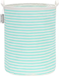 Sea Team 19.7 Inches Large Sized Waterproof Coating Ramie Cotton Fabric Folding Laundry Hamper Bucket Cylindric Burlap Canvas Storage Basket (19.7", Stripe/Mint)