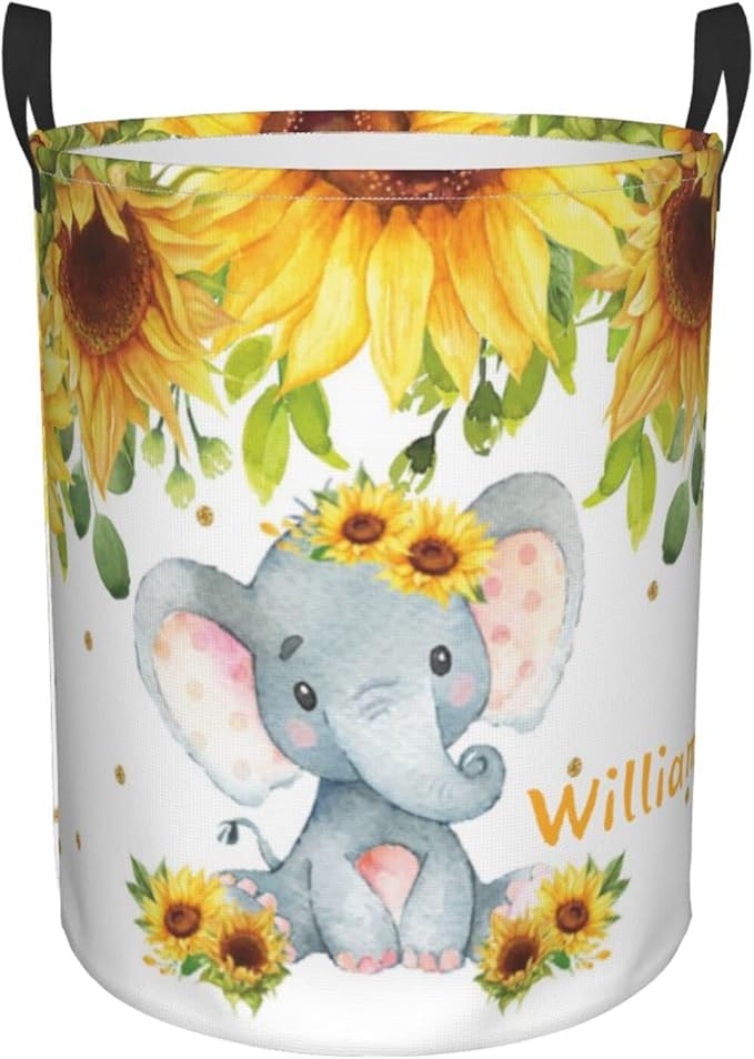 Cute Elephant Sunflowers Personalized Laundry Hamper Custom with Name Collapsible Waterproof Storage Basket with Handles for Bedroom Clothes Toys.