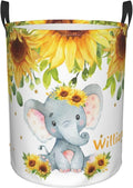 Cute Elephant Sunflowers Personalized Laundry Hamper Custom with Name Collapsible Waterproof Storage Basket with Handles for Bedroom Clothes Toys.