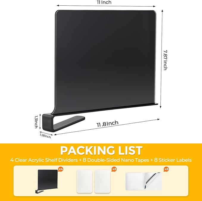 JOY DECOR 6 Pack Acrylic Matte Black Shelf Dividers for Closets Organizer and Storage Adjustable Vertical Wood Shelf Closet Separators for Clothes,Book,Bags in Bedroom and Kitchen