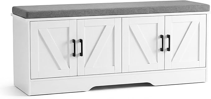 DUMOS Shoe Storage Bench, 47" Wide Shoe Organizer Cabinet with Padded Seat Cushion, 4 Doors, Adjustable Shelf for Entryway, Hallway, Bedroom, Living Room, White