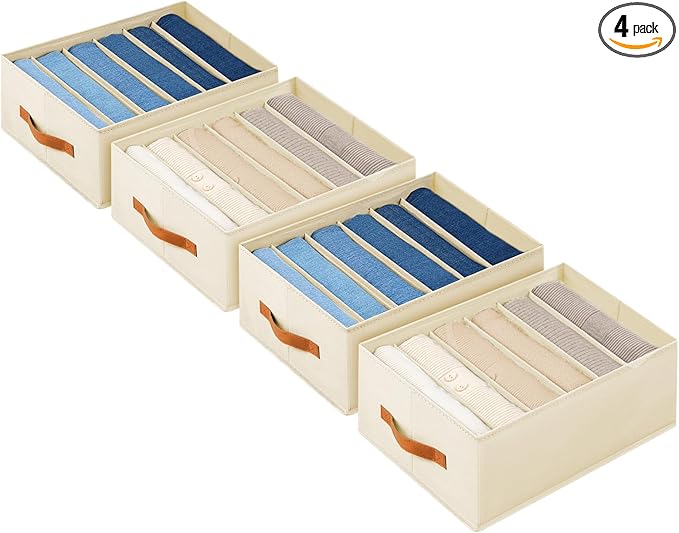 Closet Organizers and Storage - Fabric Clothes Organizer with Handles, Foldable Jeans Organizer for Clothes, Drawer Organizer for Shirts, Bra, Sweater, Scarf, 4 Pack, Beige