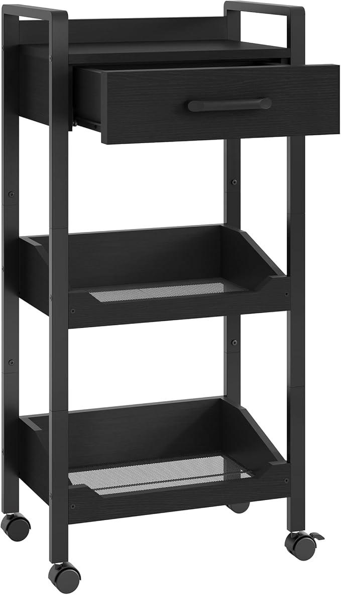 Hoctieon 3-Tier Rolling Storage Cart with Drawer, Rolling Utility Cart Organizer, Mobile Shelving Unit with Wheels, Metal Frame, Kitchen Utility Cart for Small Space, Office, Bathroom, Black