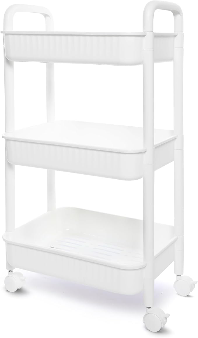 YSSOA Rolling Storage Cart, 3 Tier Slim Mobile Shelving Unit 360° Rotating Wheel Lockable Utility Cart, Ideal for Office, Kitchen, Bathroom, Laundry and Narrow Spaces, White