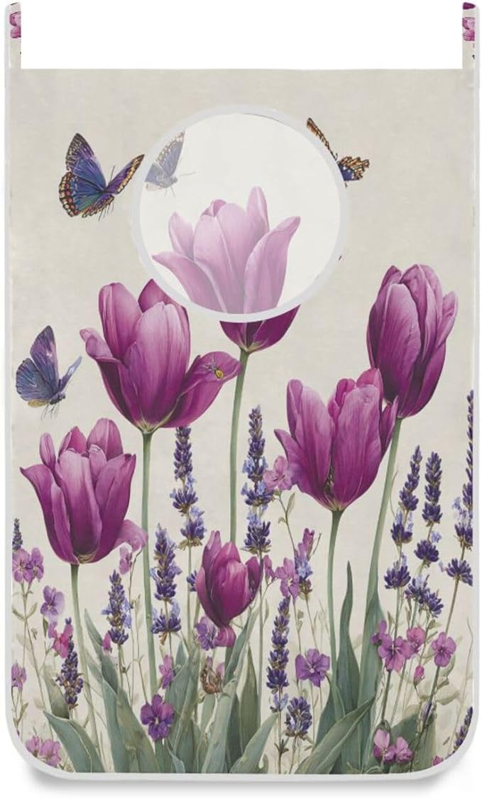 Purple Tulilp Butterfly Hanging Laundry Hamper Door Hampers Bag Basket with Stainless Steel Hooks Oxford Fabric Printing Decorative Clothes Bags 29.5X20inch 1Pack