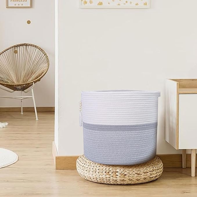 Cotton Rope Storage Bin,Natural Handmade Woven Hamper for Living Room,Blanket Basket for Clothes, Pillows, Towels (gary, 55L)