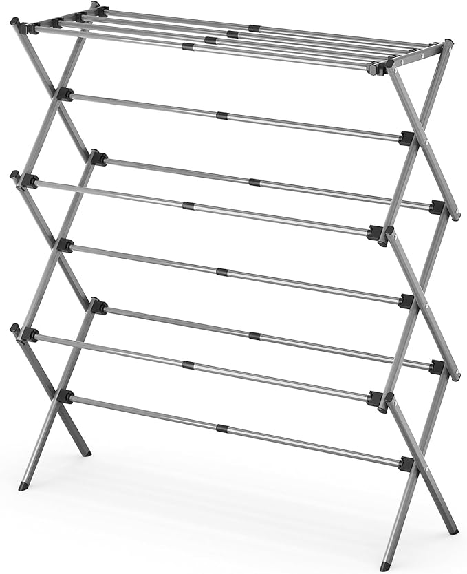 KINGBOARD Clothes Drying Rack, Collapsible Drying Rack Clothing with 11 Poles, 3-Tier Laundry Drying Rack, Small Clothes Drying Rack Foldable for Baby Clothes Sock Towel, 25lb Capacity, White & Grey