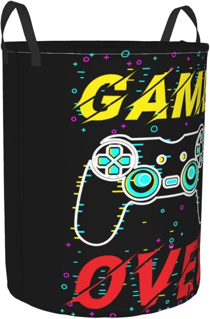 Gamer Funny Round Laundry Hamper Game Joystick Storage Basket Toys Clothes Organizer Bin For Home Bathroom Bedroom Dorm Nursery, 38L