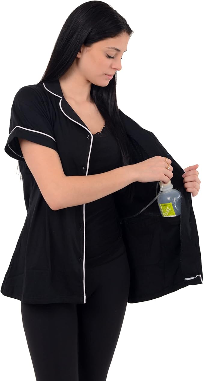 USBD Post Mastectomy Shirt with Drain Pockets Lapel Collar Post Op Button Down Recovery Tops