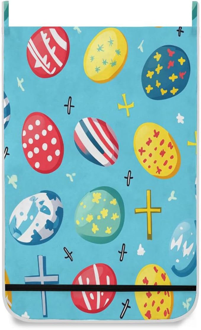 Hanging Laundry Hamper Over the Door with Stainless Steel Hooks Rack Dirty Clothes Wall Mounted Hamper Basket Bag 29.5X20inch Blue Easter Eggs and Nails1