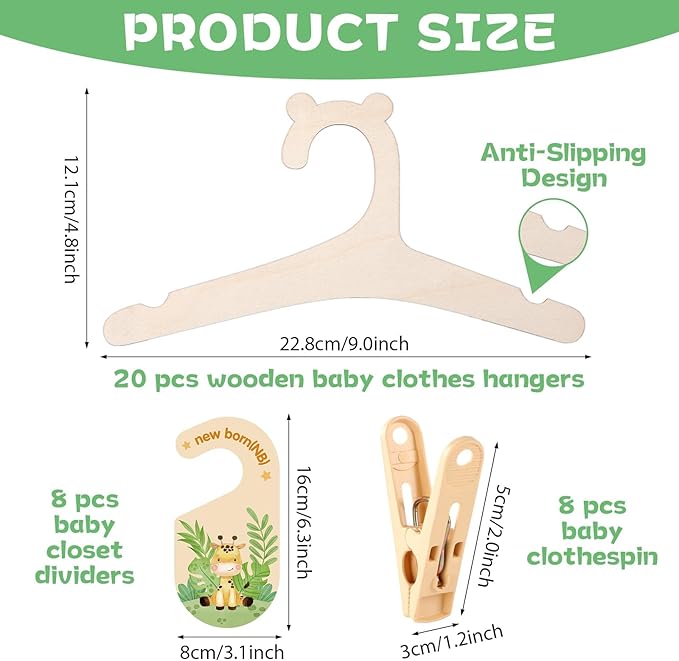 20 Pack Baby Clothes Hangers with 8Pcs Baby Closet Dividers and 8Pcs Clips, Non-Slip Toddler Clothing Hanger with Dividers for Sorting, Nursery Closet Organizer for Newborn Kids Boys Girls (Animals)