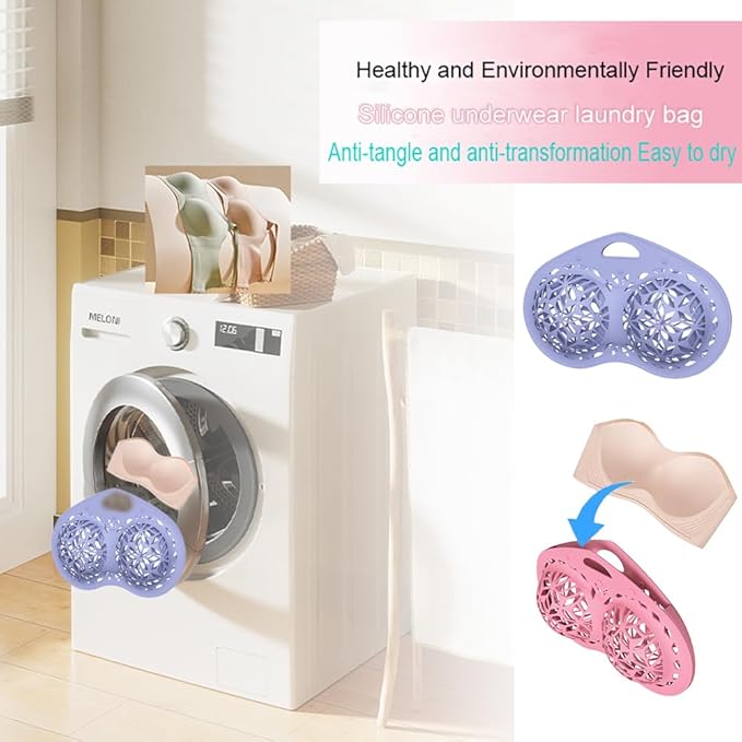 2pcs Bra Washing Bag Silicone Mesh Underwear Laundry Bags,Bra Laundry Bag Fits A-C Cup Bras,Anti Deformation Lingerie Bag for Washer/Dryer Machines (Pink+Purple)