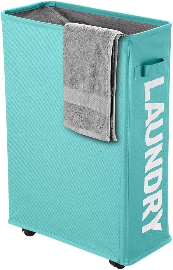 Slim Rolling Laundry Basket with wheel, IHOMAGIC Rectangle Storage Hamper - Thin Laundry Basket Corner Fittable Laundry Bin Flexible handle Laundry Sorter For Dormitory, Hotel, 39x18.5x58cm 41L, Blue