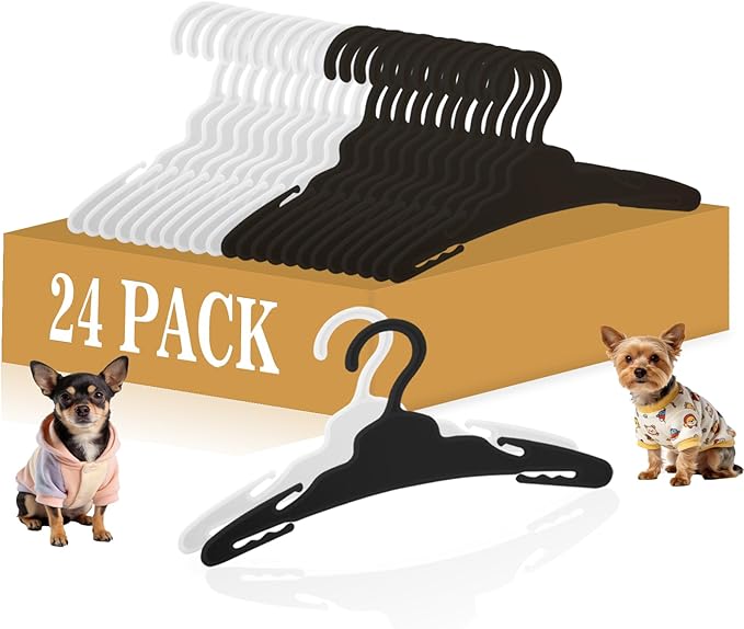 24Pcs Dog Clothes Hangers for Small Dogs & Cats, 7 Inch Non-Slip Durable Plastic Pet Hangers for Chihuahua/Maltese/Yorkie Outfits, Black & White Mix