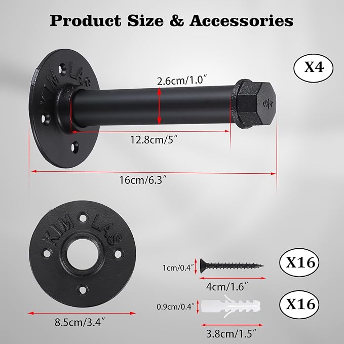 BTSKY 4 Pack Clothes Rack with Screws, 6 Inch Metal Industrial Pipe Clothes Bar for Hanging Clothes, Heavy Duty Wall Mounted Clothing Hanging Rod Shelving Brackets for Laundry Room Retail Store, Black