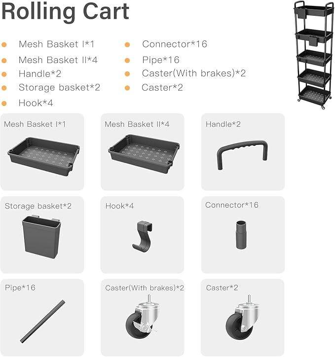 5 Tier Rolling Utility Cart with Handle,REBECAT Utility Cart Made of Multifunctional Storage Organizer Tool for Kitchen,Bathroom,Living Room,Office(Black)