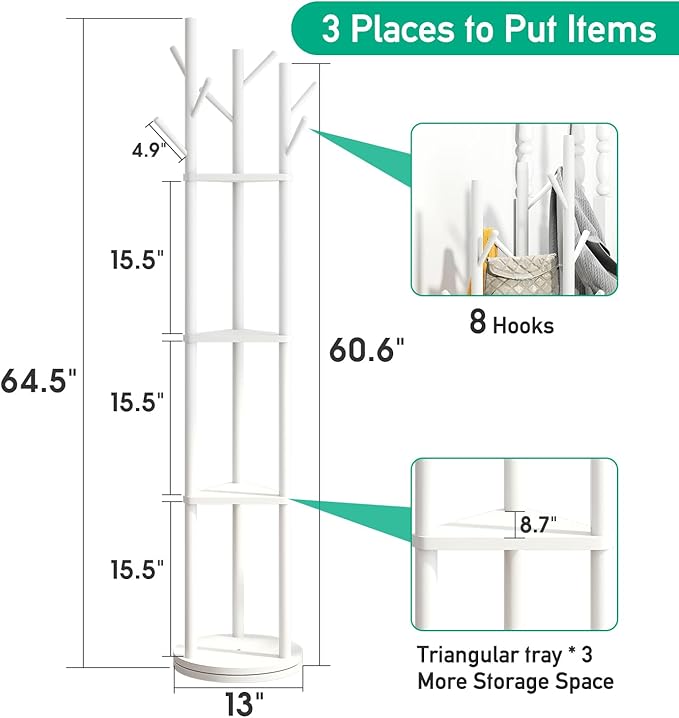 Rotary Coat Rack Stand with 8 Hooks, Bamboo Wood Coat Tree for Clothes/Bags/Hats, Large Coat Rack Freestanding for Entryway (White)