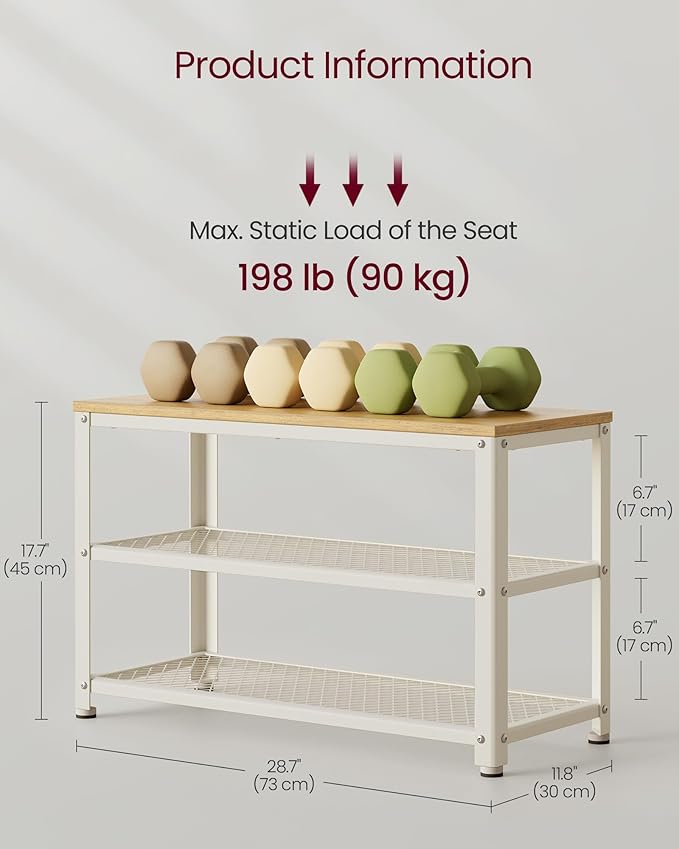 VASAGLE 3-Tier Shoe Rack, Shelf Storage Bench with Metal Mesh Shelves and Seat, Free Standing Shoe Organizer for Entryway, 11.8 x 28.7 x 17.7 Inches, Oak Beige and Classic White ULBS073W09