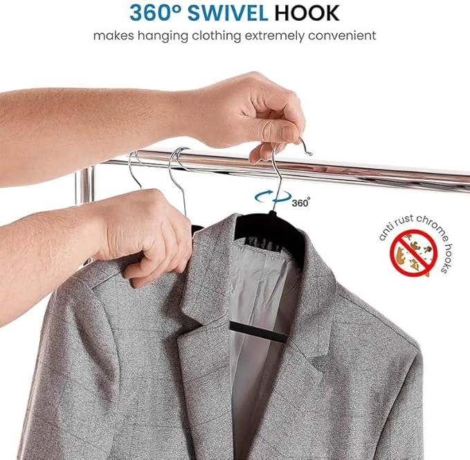 Black Velvet Felt Non Slip Clothes Hangers 50 Pack - Ultra Slim & Space Saving - Heavy Duty Swivel Black Hook for Clothing, Suit, Top, Tie, Shirt, Skirt & Pant Organization