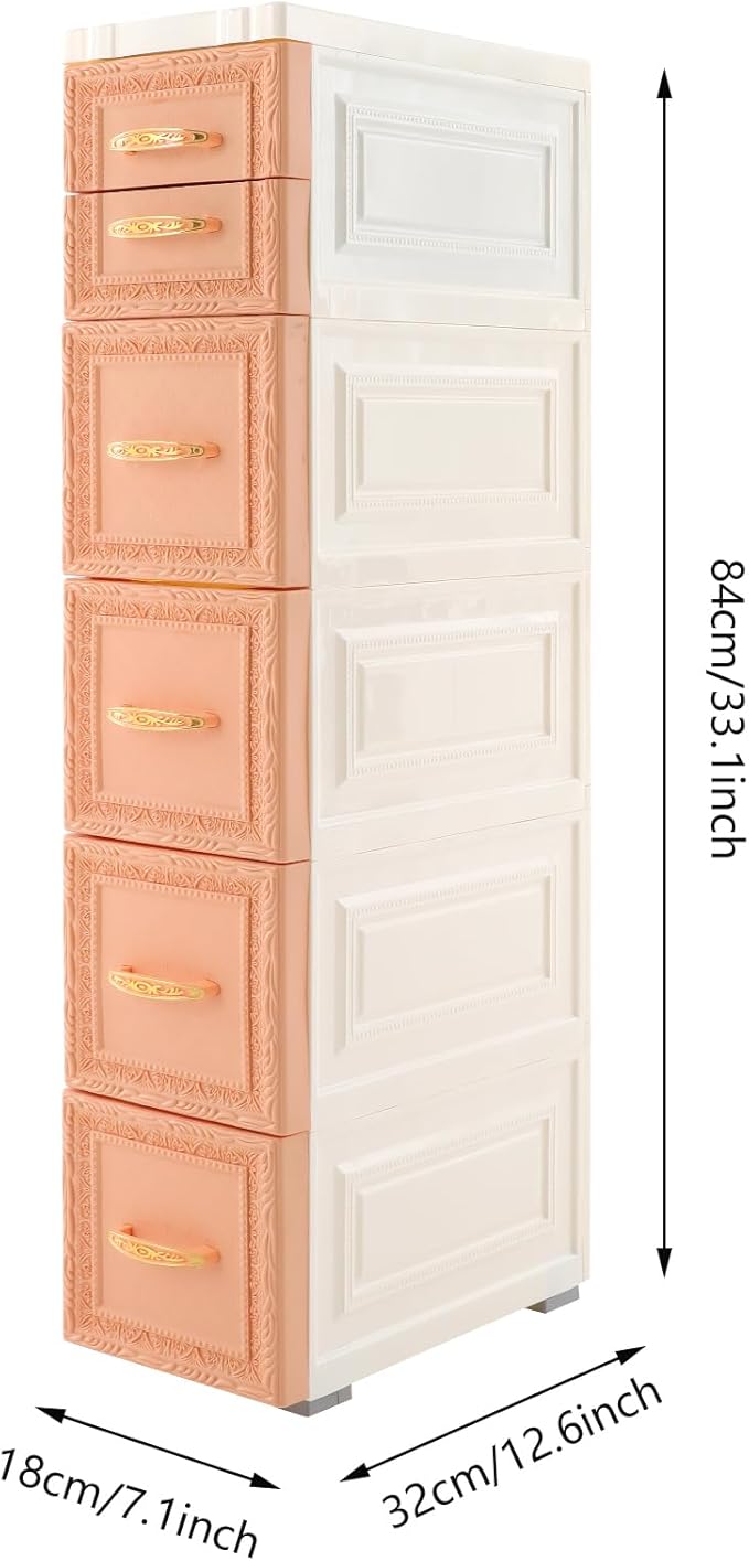 6 Drawers Narrow Storage Cabinet with Wheels,Slim Floor Cabinets,Rolling Organizer Cart for Small Spaces,Pink