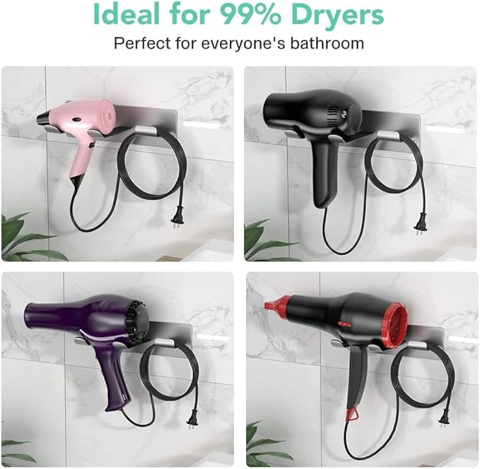 Hair Dryer Holder Wall Mount Compatible with Dyson Hair Dryer, 304 Stainless Steel Hair Dryer Blow Diffuser Holder Organizer Adhesive for The Bathroom Silver