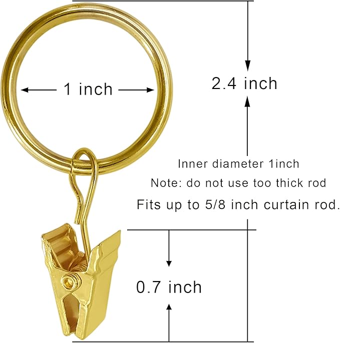 44 Pack Gold Curtain Rings with Clips, Curtain Hooks Hangers Clip Rings for Hanging Drapes Bows Hat, Drapery Rings 1 in I D, Fits up to 5/8 in Diameter Curtain Rod.