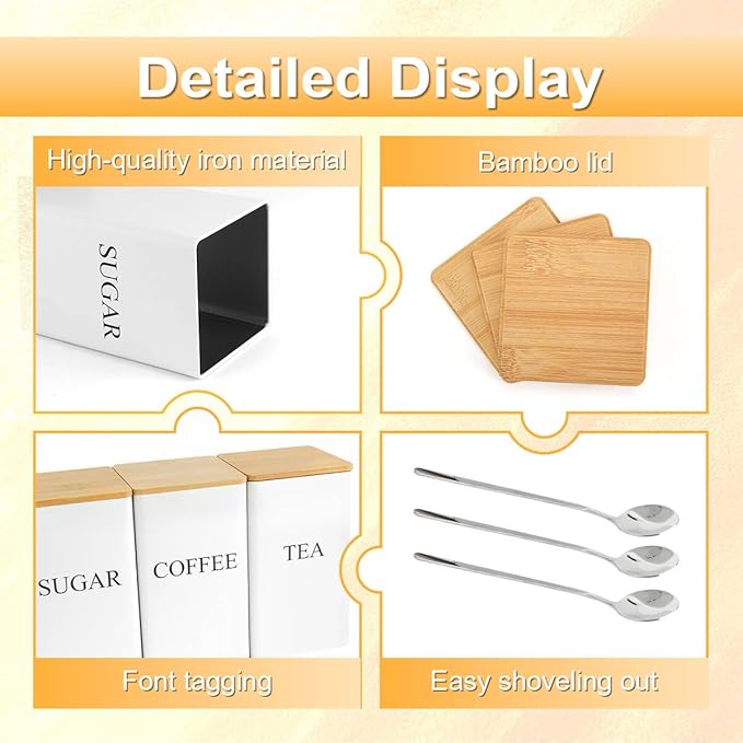 3 Pcs Tea Coffee Sugar Canisters, Black Metal Canister Storage Jar Container Set, Food Storage With 3 Spoons, Rust Resistant Powder Coated Iron Caddies for Kitchen Worktop Organizer (White)