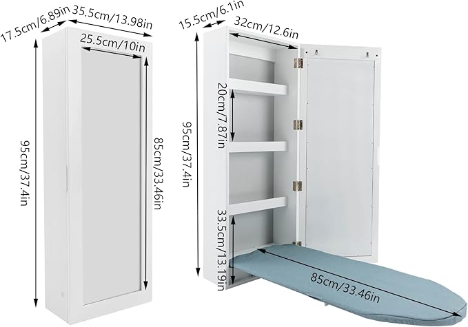 Wall Mounted Ironing Board Cabinet with Mirror, Built in Garment Ironing Surface Ironing Board with Foldable Storage Cabinet for Home Apartment Small Spaces (Style2)
