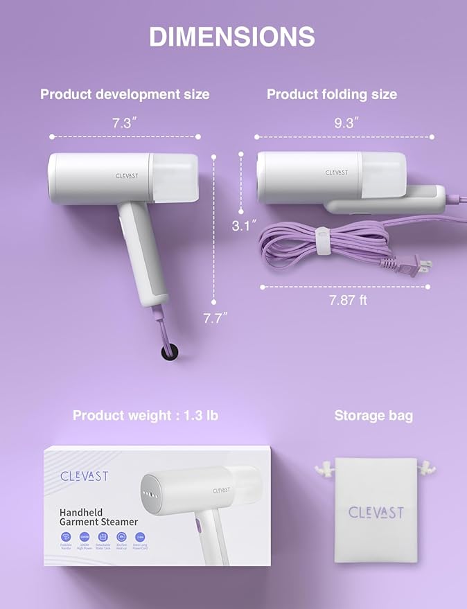 CLEVAST Steamer for Clothes - Portable Garment Steamer, Handheld Foldable Travel Size, Wrinkle Remover, 30-Second Fast Heat Up, 1000W Powerful Steam Output, 120V Only