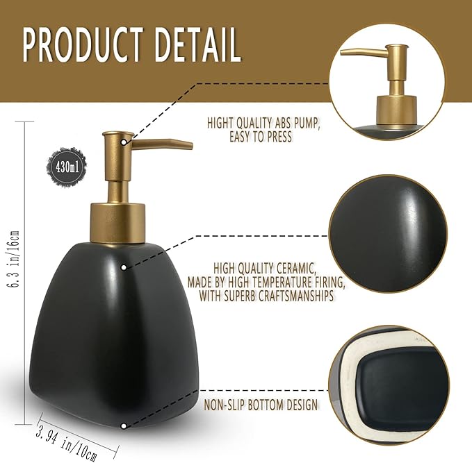 Liquid Soap Dispenser for Bathroom with Gold Pump，Dish Soap Dispenser for Kitchen，Refillable Countertop Lotion Ceramics Black Hand Soap Dispenser for Shower 430ml (Pyramid Matt Black Bottle)