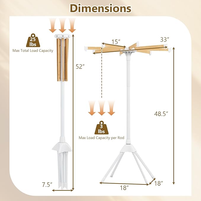 Tangkula Clothes Drying Rack, Foldable Laundry Drying Rack with 8 Bamboo Hanging Rods, 4-Legged Design, Space-Saving Floor Standing Octopus Airer for Balcony Bedroom Household