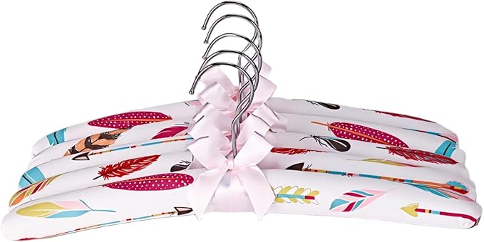 Anti-Slip Satin Padded Clothes Hangers with Rotatable Hooks No Shoulder Bump for Women Heavy Sweaters, Coats, Suits, Floral Pattern with Satin Bow, 360° Swivel Hook, Set of 5 (Feathers)
