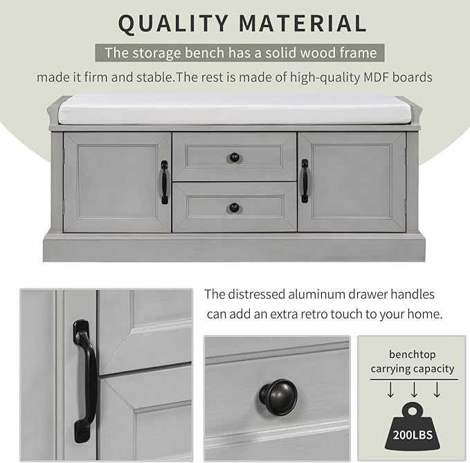Knocbel 42.5" Entry Storage Bench with Removable Cushion, 2 Drawers and 2 Cabinets, Entryway Hallway Foyer Shoe Bench End of Bed Bench with Aluminum Handles, 200lbs Weight Capacity (Gray Wash)