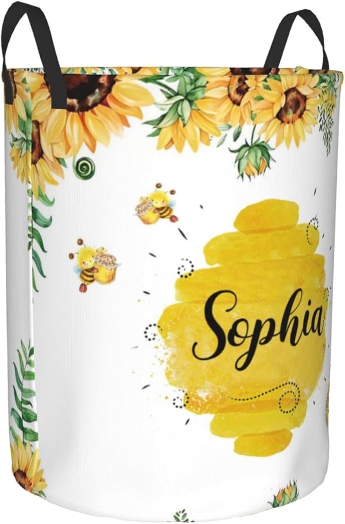 Personalized Laundry Basket for Nursery, Custom Nursery Laundry Hamper with Name, Customize Baby Clothes Circular Hamper for Boys Girls Room Decor, Bee