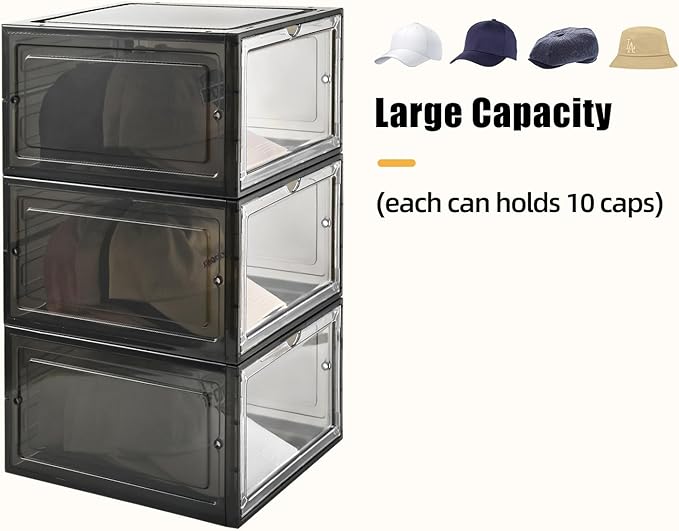 Hat Organizer Box,Stackable Clear Baseball Caps Holder Box Containers with Magnetic Door for Hats Snapback Cap Storage,Clear Hat Storage with Magnetic Door, Holds 60 Hats(black clear, 6 pack)